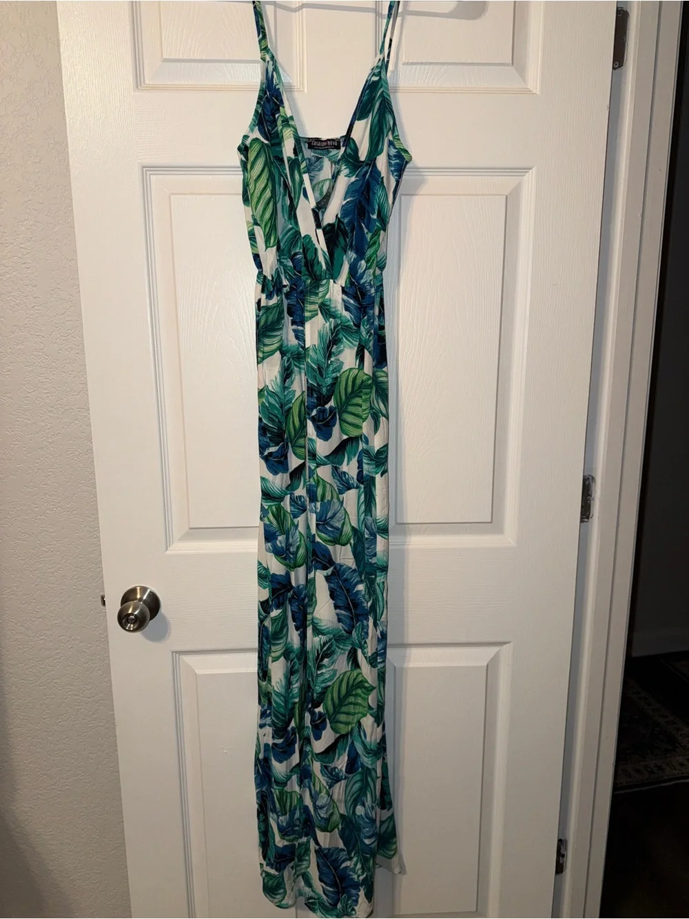Fashion Nova Green & Blue Tropical Leaf Jumpsuit Romper